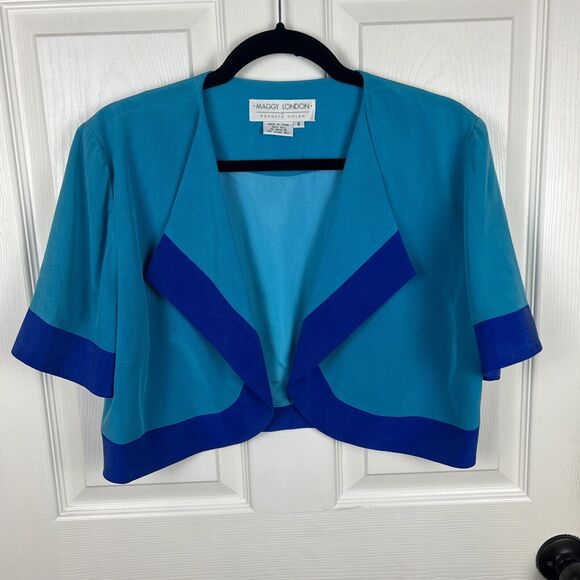 Vintag 90s Maggie London by Kenneth Nolan 100% Silk Cropped Blue Blazer Size 6 - Picture 6 of 7